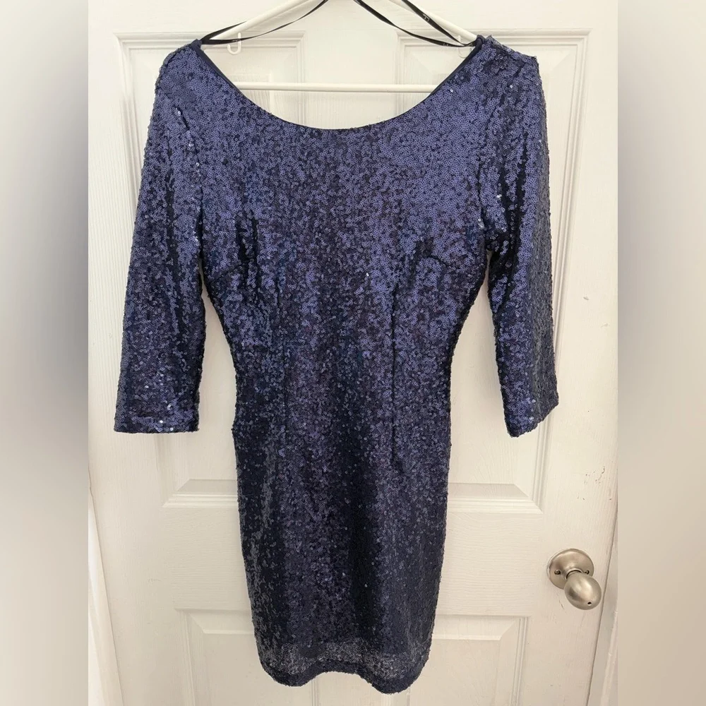 Lulus Navy Blue Sequin Mini Dress 3/4 Sleeve Size S | Modeled on Size M - Picture 6 of 8